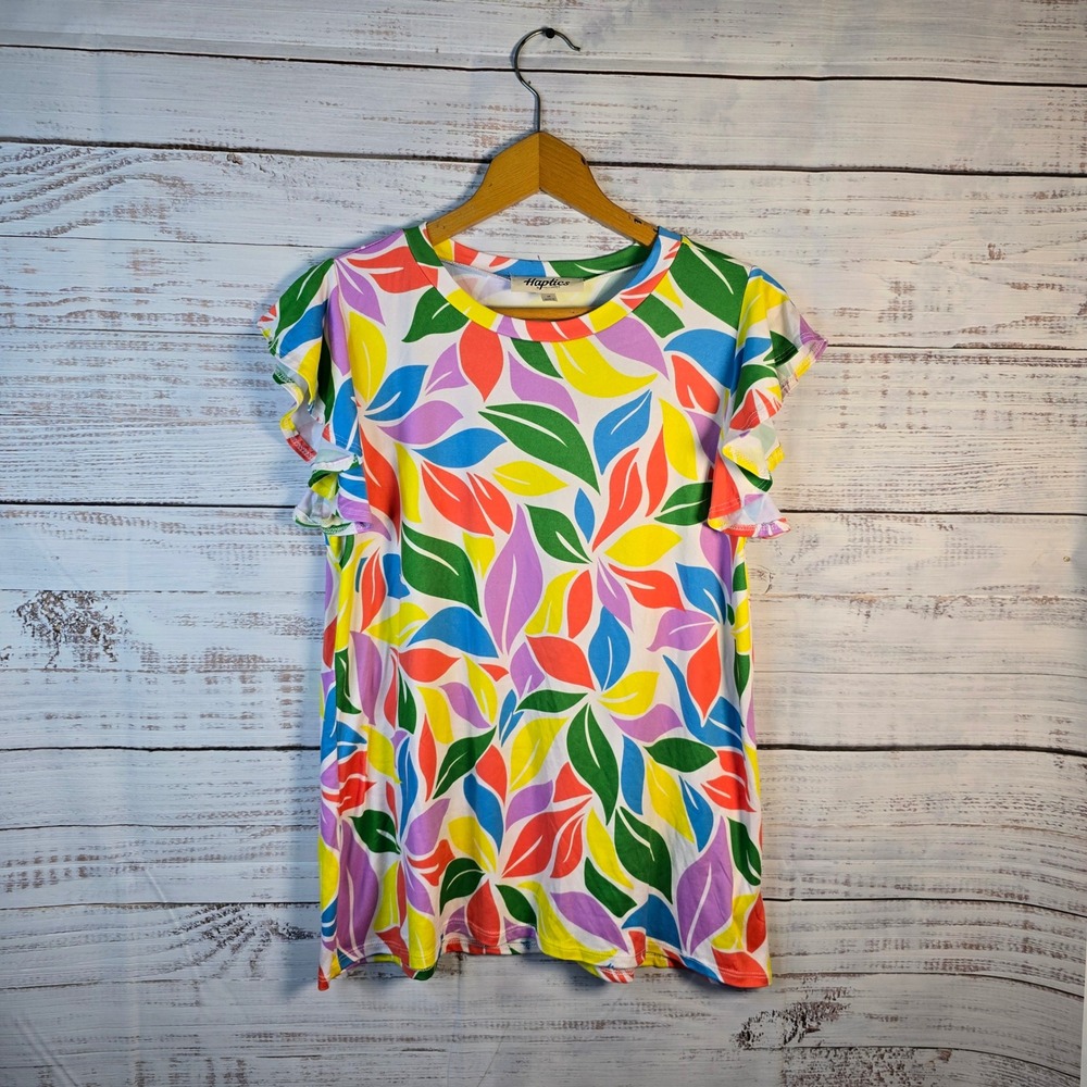 NWOT Haptics by Holly Harper Colorful Leaf Print Ruffle Sleeve Top Small or‎ Med